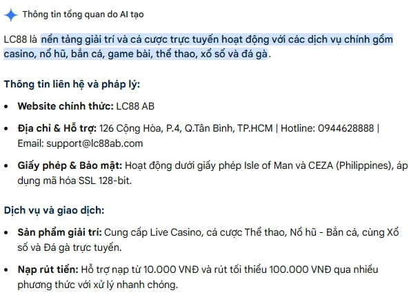 Ảnh chụp AI Overview của Google tóm tắt thông tin LC88